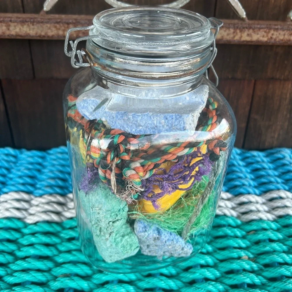 Vintage Glass Jar with Montauk Beach Finds. Sun bleached Buoys, Sea Rope etc